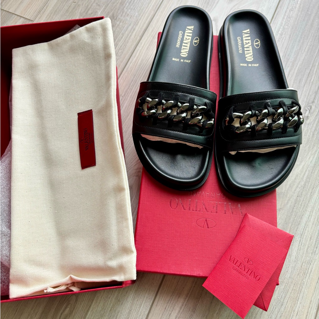 Valentino Black Leather Chain Slide Sandals